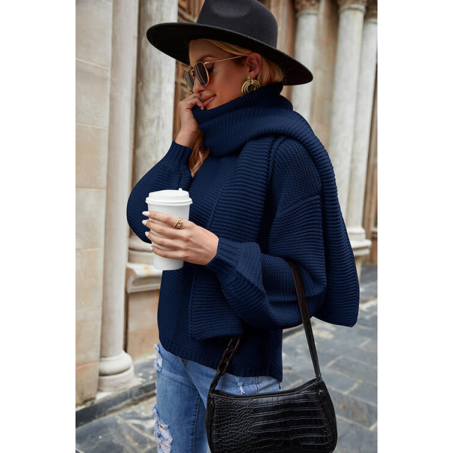 Round Neck Lantern Sleeve Sweater Navy / S Clothing