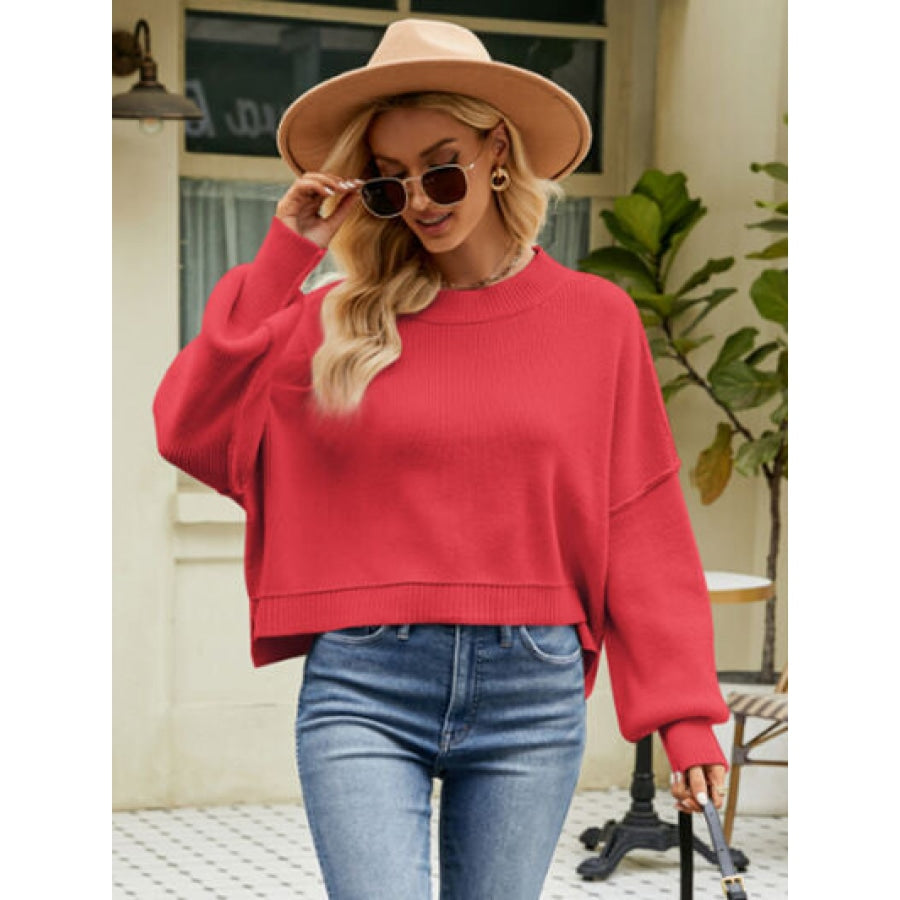 Round Neck Lantern Sleeve Sweater Red Orange / XS Clothing