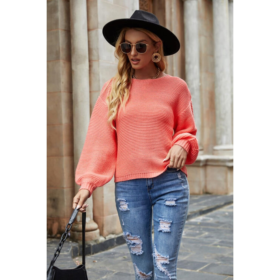 Round Neck Lantern Sleeve Sweater Strawberry / S Clothing