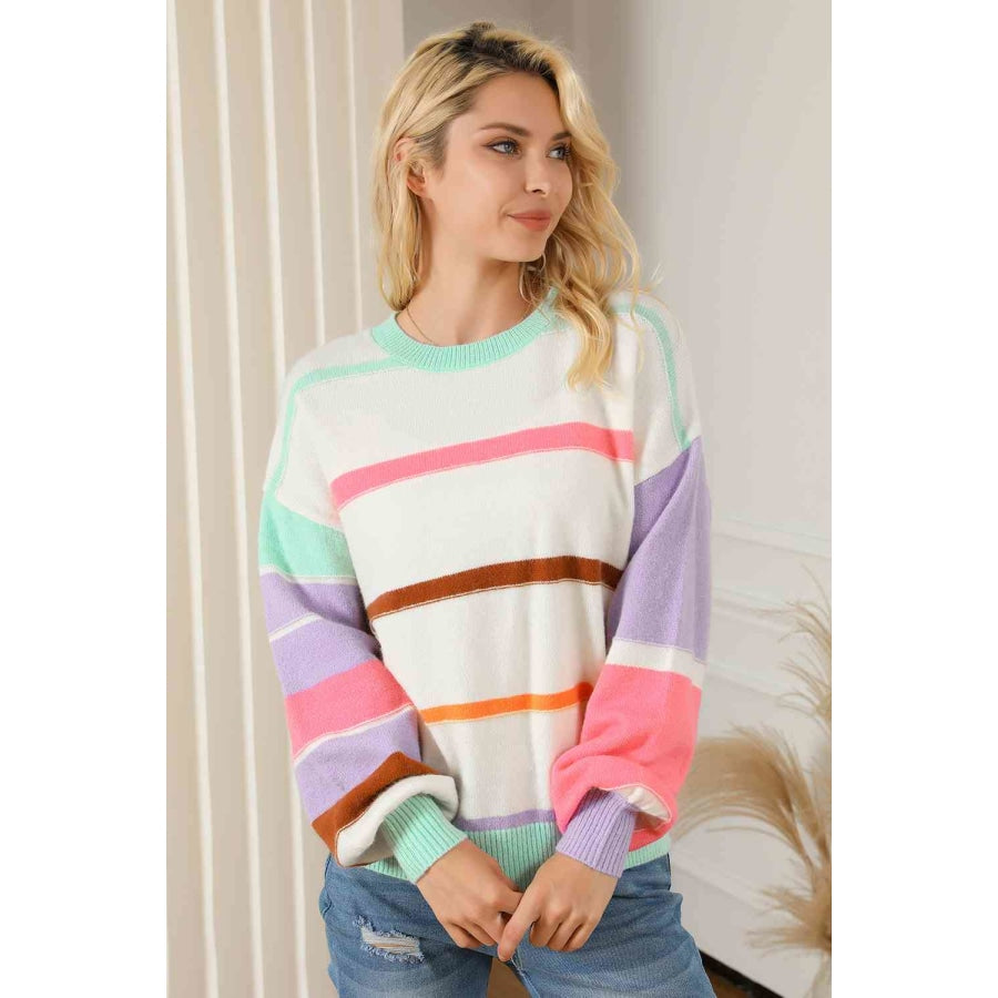 Round Neck Lantern Sleeve Sweater Stripe / S