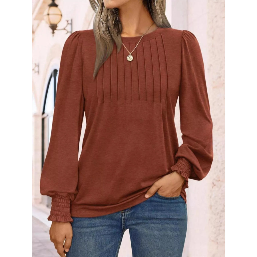 Round Neck Lantern Sleeve Top Brown / S Apparel and Accessories