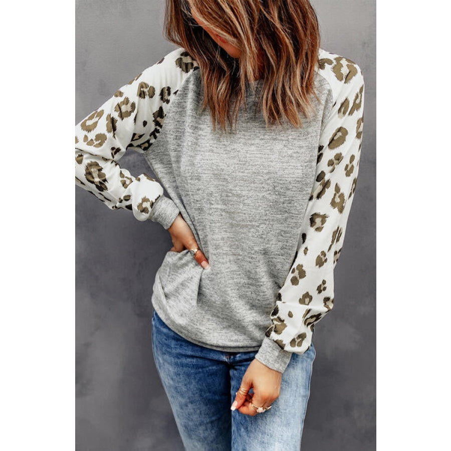 Round Neck Leopard Print Raglan Sleeve Top Charcoal / XS Clothing