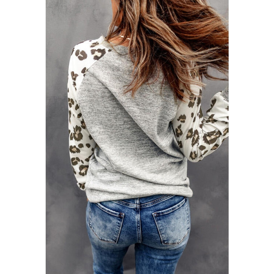 Round Neck Leopard Print Raglan Sleeve Top Charcoal / XS Clothing