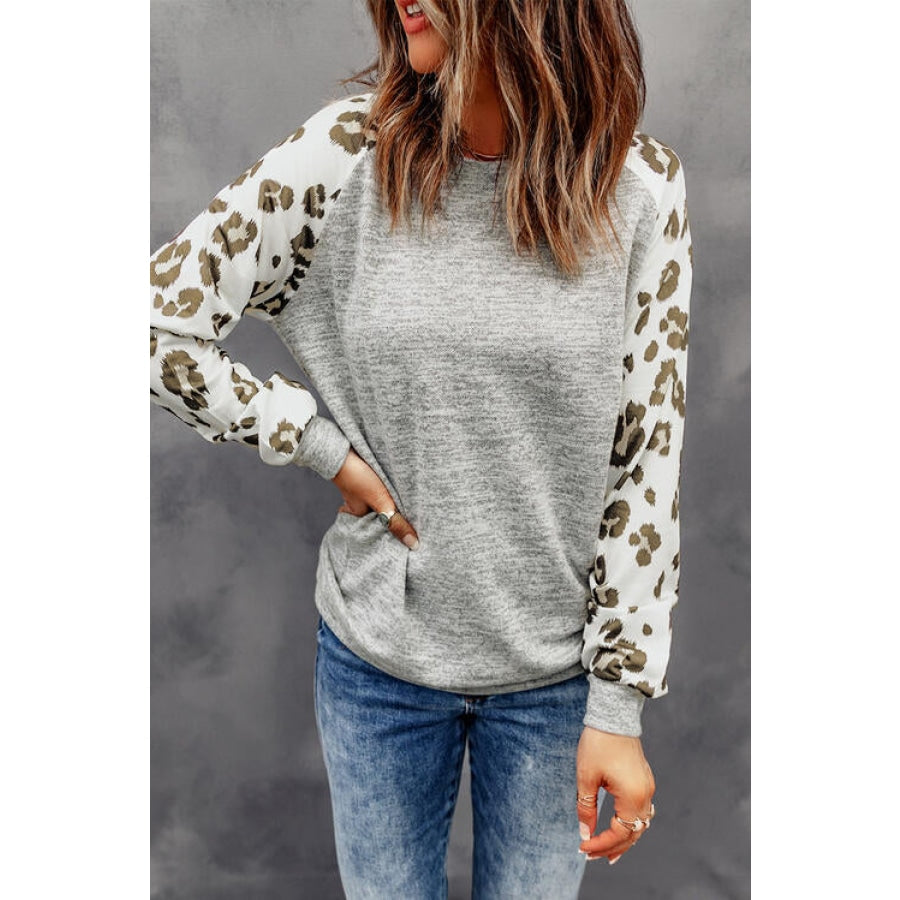 Round Neck Leopard Print Raglan Sleeve Top Clothing