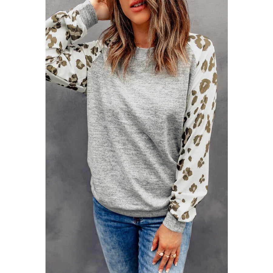 Round Neck Leopard Print Raglan Sleeve Top Clothing