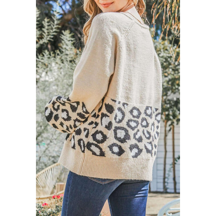 Round Neck Leopard Print Stitched Long-Sleeved Sweater Tan / S