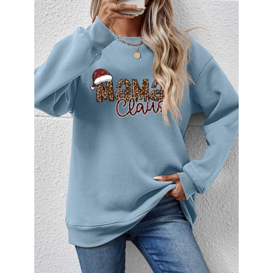 Round Neck Letter Graphic Long Sleeve Sweatshirt Misty Blue / S Clothing