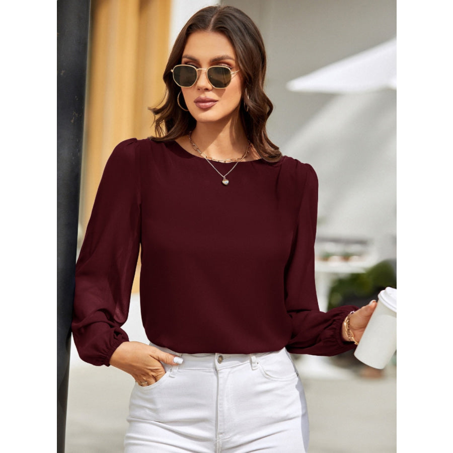 Round Neck Long Sleeve Blouse Apparel and Accessories