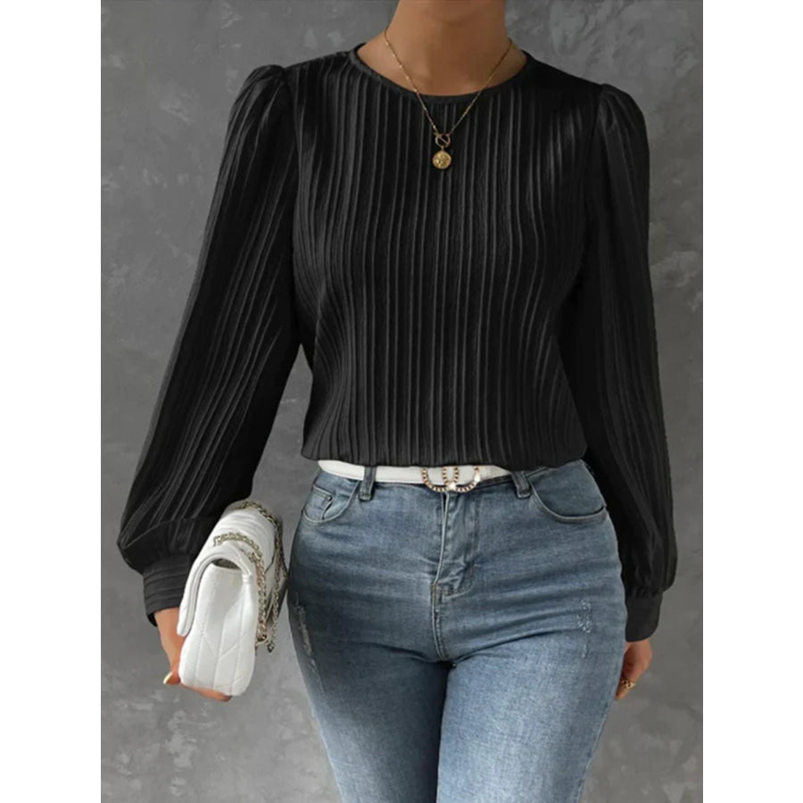 Round Neck Long Sleeve Blouse Apparel and Accessories