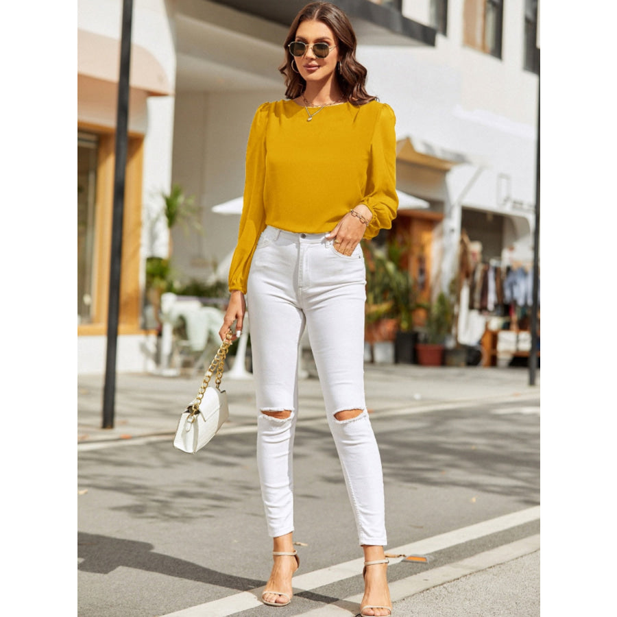 Round Neck Long Sleeve Blouse Apparel and Accessories