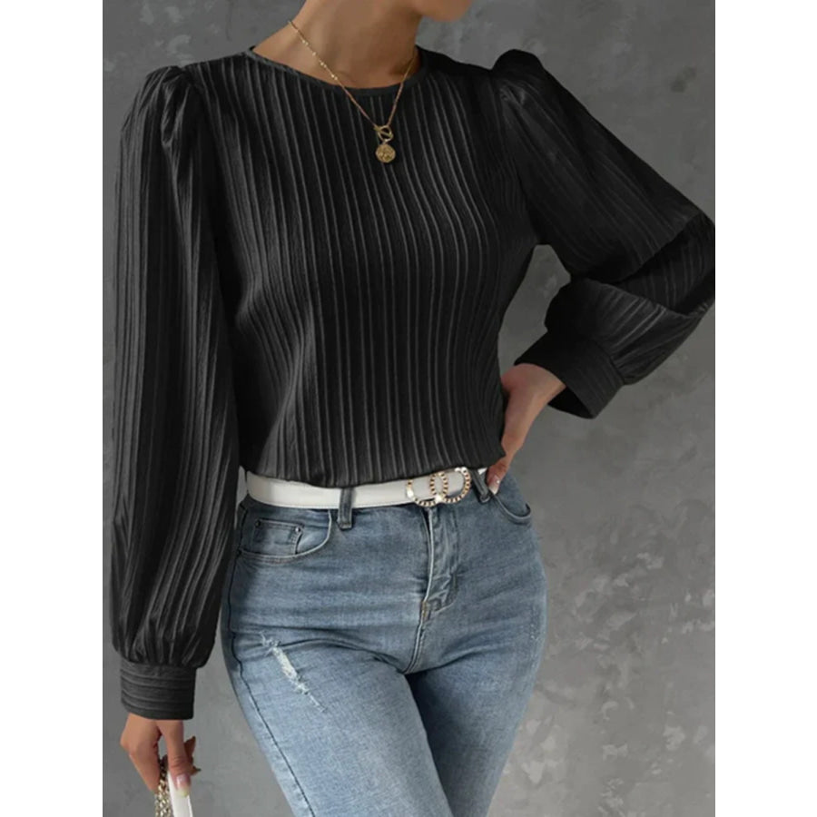 Round Neck Long Sleeve Blouse Black / S Apparel and Accessories