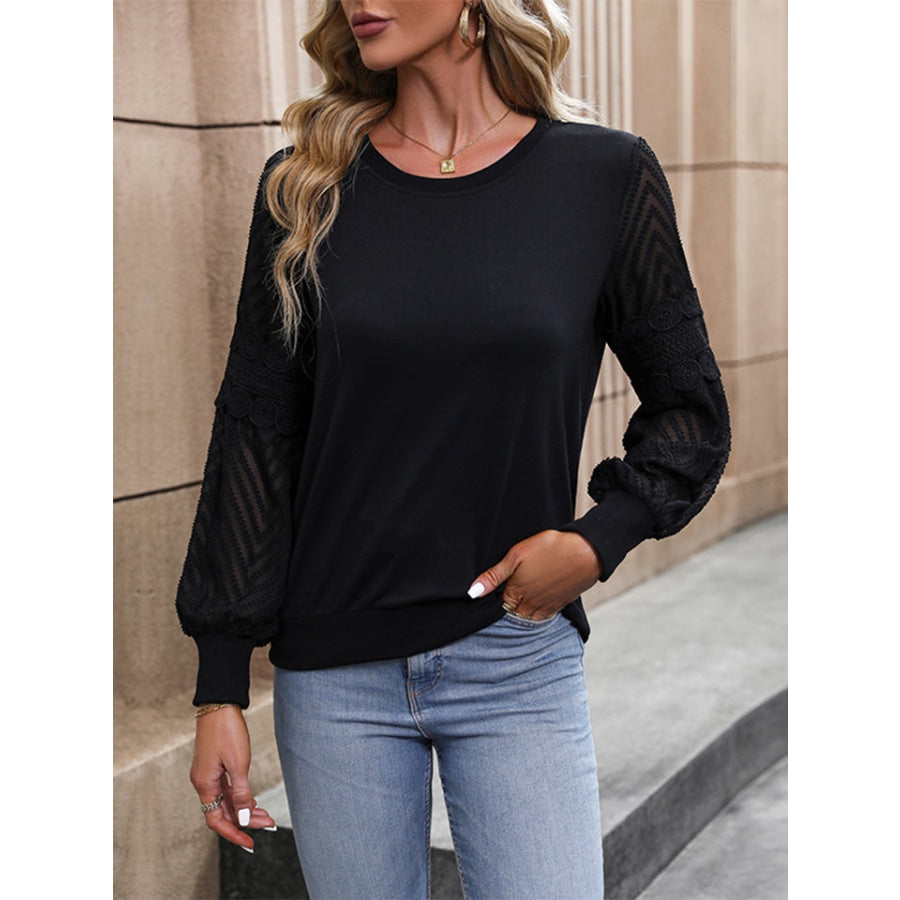 Round Neck Long Sleeve Blouse Black / S