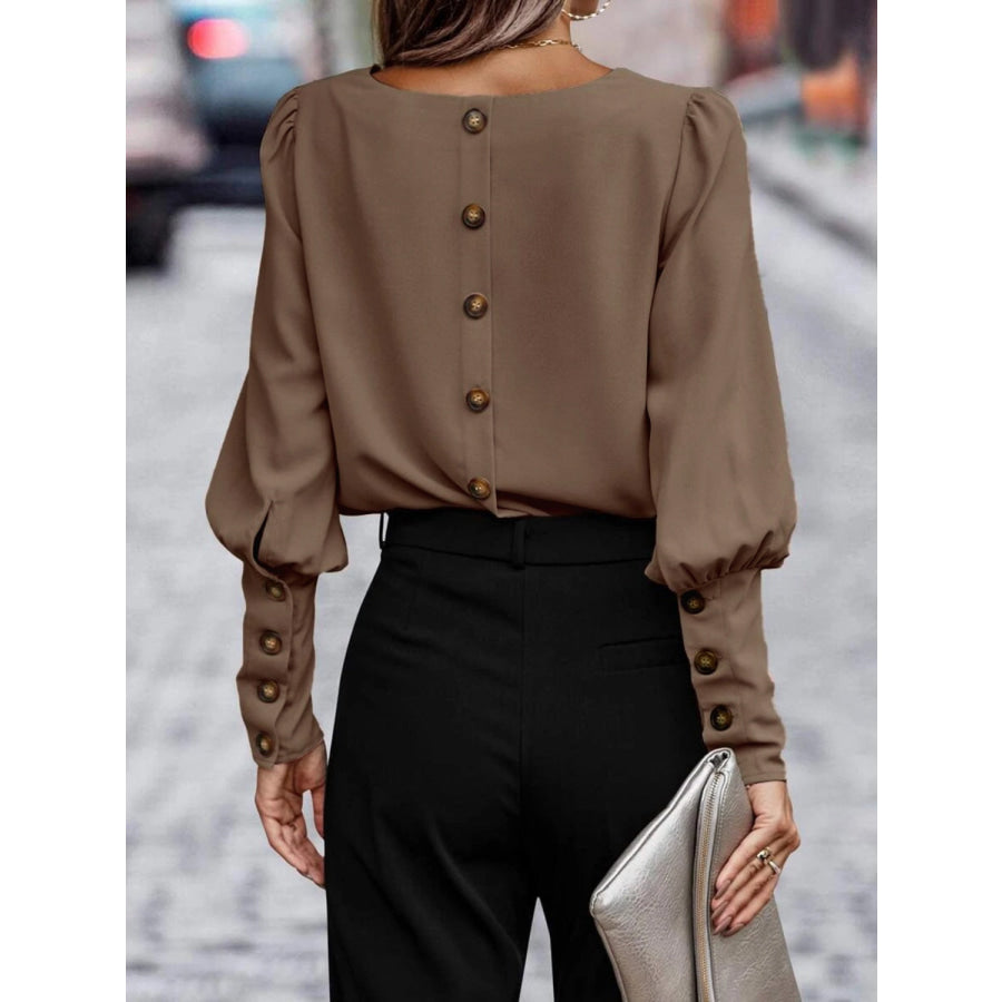 Round Neck Long Sleeve Blouse Brown / S Apparel and Accessories