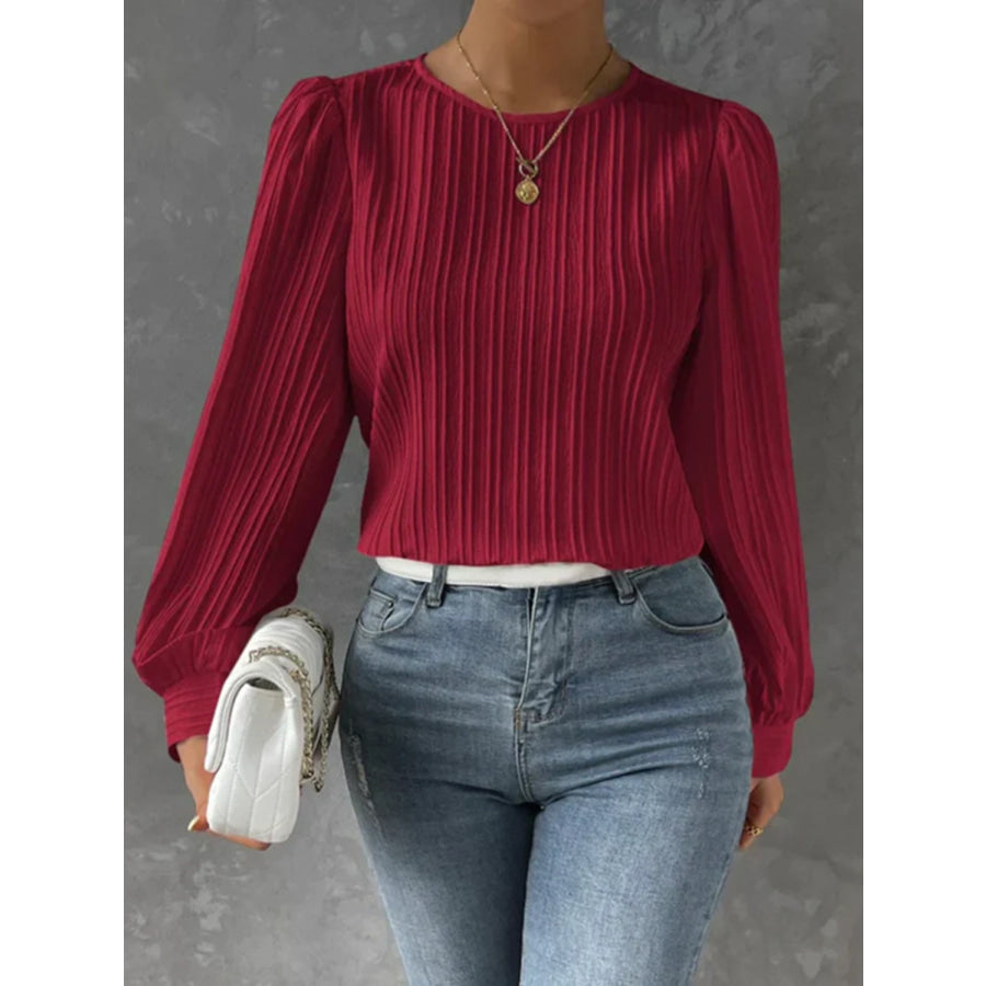 Round Neck Long Sleeve Blouse Burgundy / S Apparel and Accessories