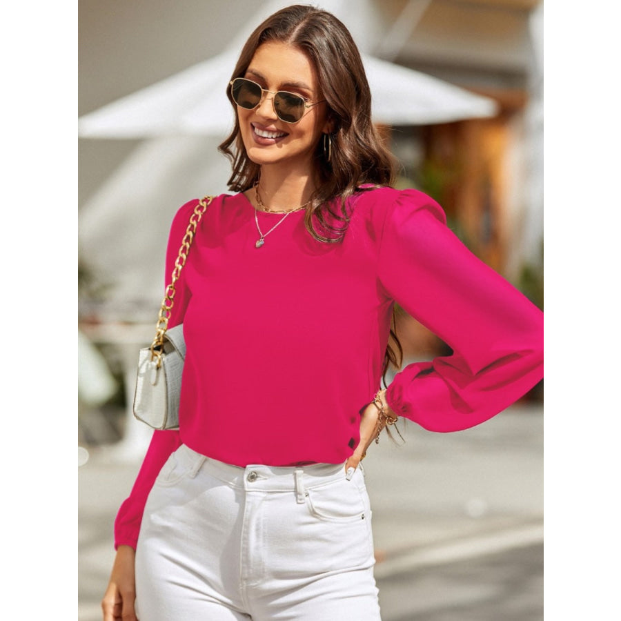 Round Neck Long Sleeve Blouse Deep Rose / S Apparel and Accessories