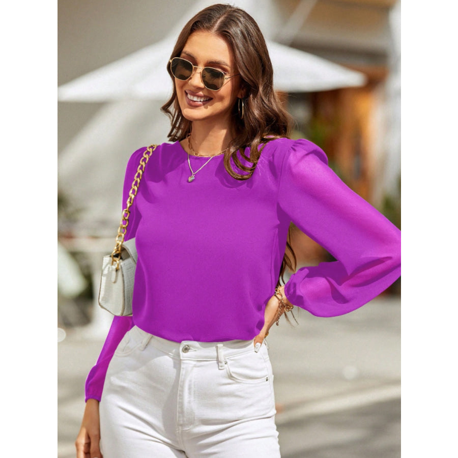 Round Neck Long Sleeve Blouse Fuchsia / S Apparel and Accessories