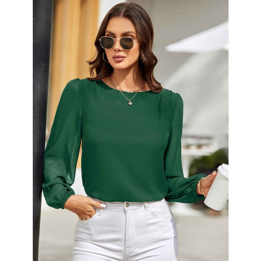 Round Neck Long Sleeve Blouse Green / S Apparel and Accessories