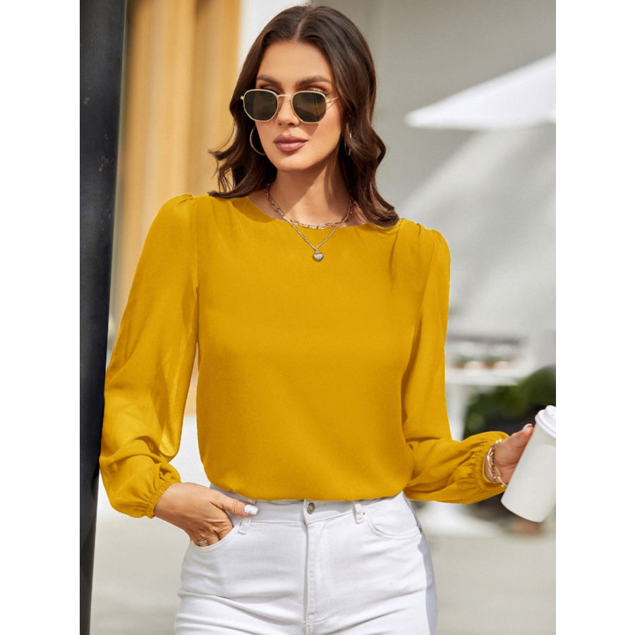 Round Neck Long Sleeve Blouse Honey / S Apparel and Accessories