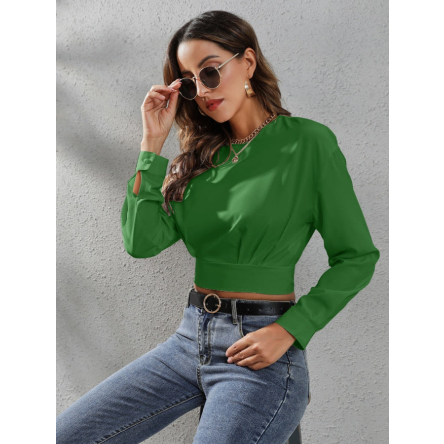 Round Neck Long Sleeve Blouse Mid Green / S Apparel and Accessories