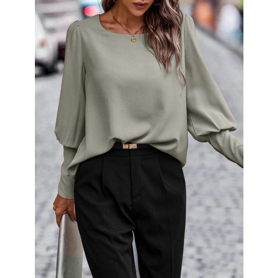 Round Neck Long Sleeve Blouse Sage / S Apparel and Accessories