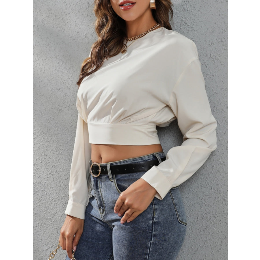 Round Neck Long Sleeve Blouse White / S Apparel and Accessories