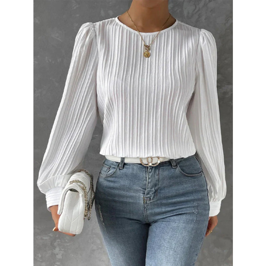 Round Neck Long Sleeve Blouse White / S Apparel and Accessories