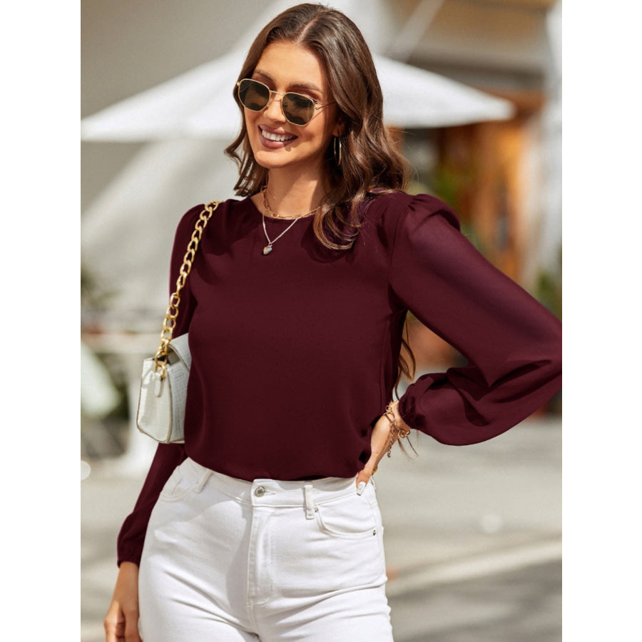 Round Neck Long Sleeve Blouse Wine / S Apparel and Accessories