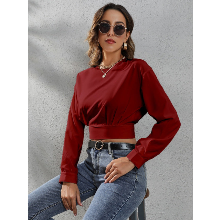 Round Neck Long Sleeve Blouse Wine / S Apparel and Accessories