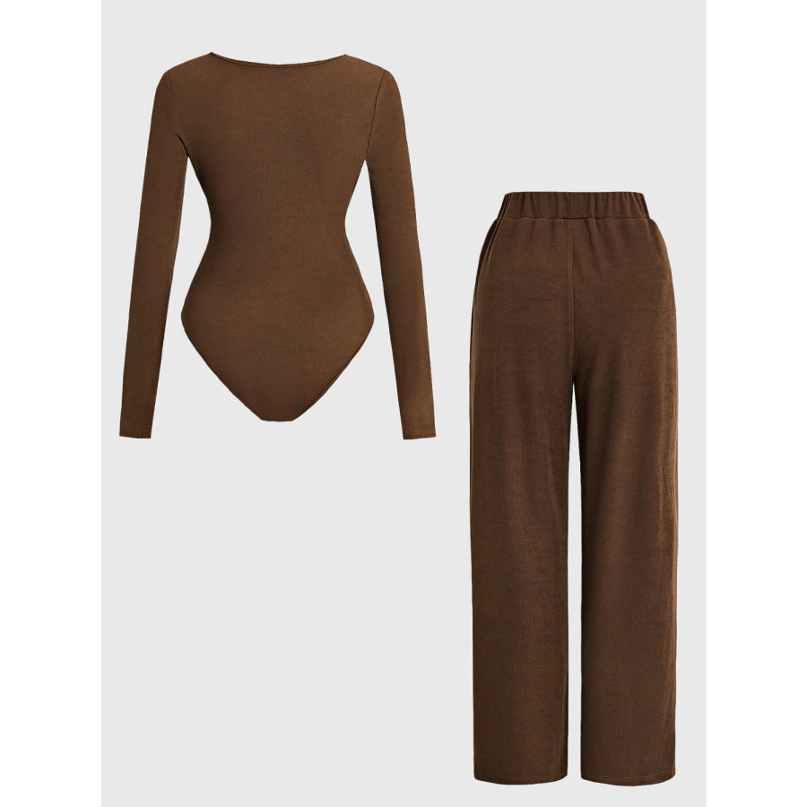 Round Neck Long Sleeve Bodysuit and Tied Pants Set Apparel and Accessories