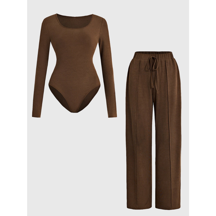 Round Neck Long Sleeve Bodysuit and Tied Pants Set Chocolate / S Apparel and Accessories