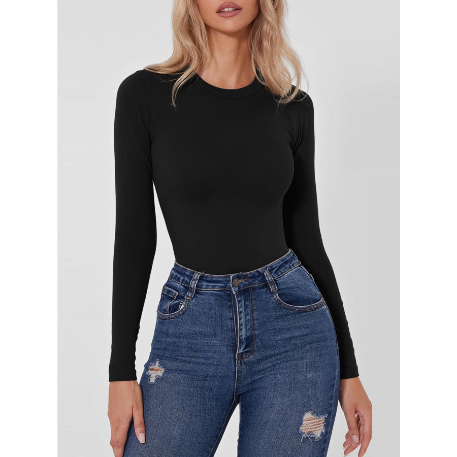 Round Neck Long Sleeve Bodysuit Black / S Apparel and Accessories