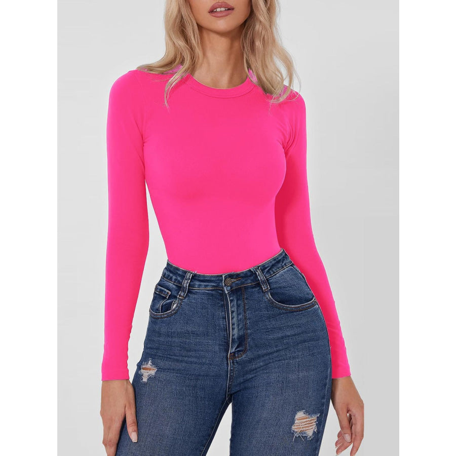 Round Neck Long Sleeve Bodysuit Hot Pink / S Apparel and Accessories