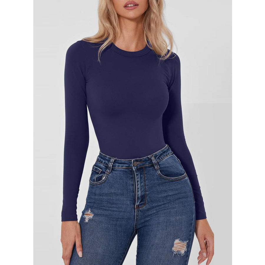 Round Neck Long Sleeve Bodysuit Navy / S Apparel and Accessories