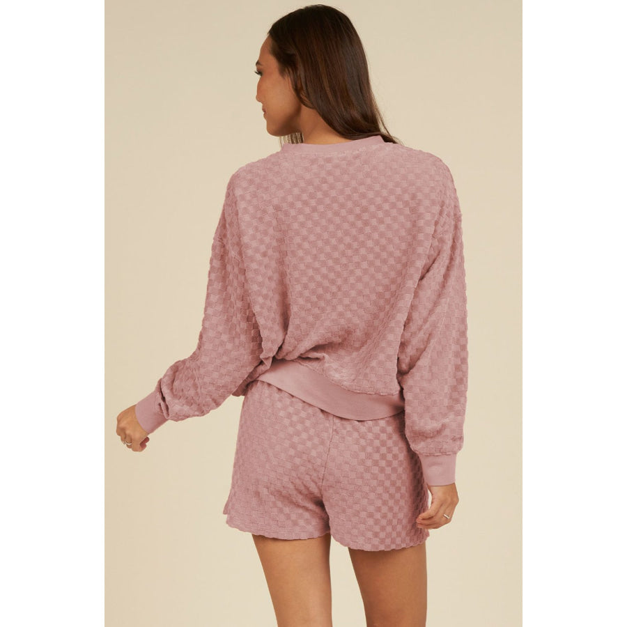 Round Neck Long Sleeve Checkered Top and Shorts Set Apparel and Accessories