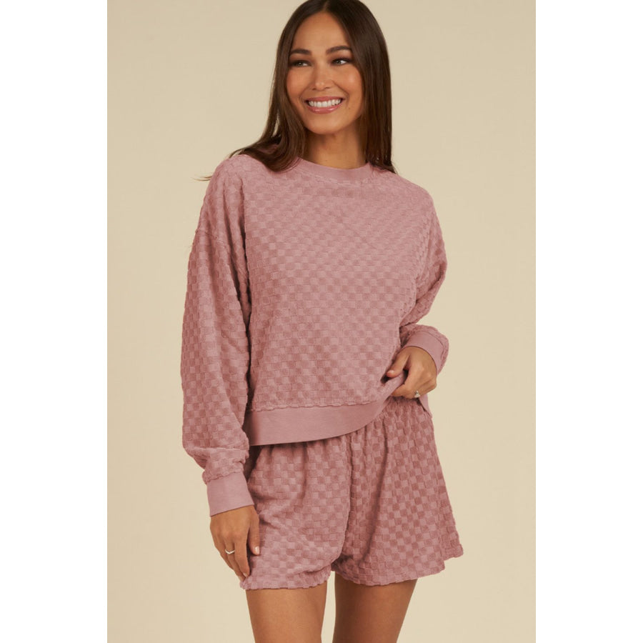 Round Neck Long Sleeve Checkered Top and Shorts Set Apparel and Accessories