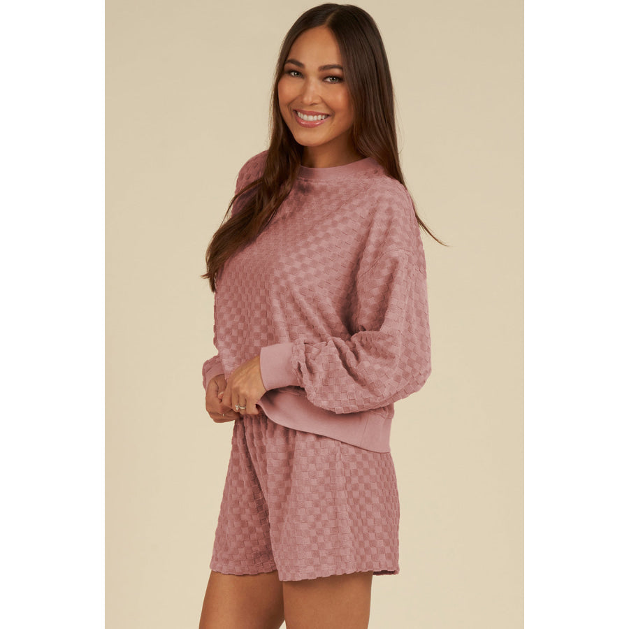 Round Neck Long Sleeve Checkered Top and Shorts Set Apparel and Accessories