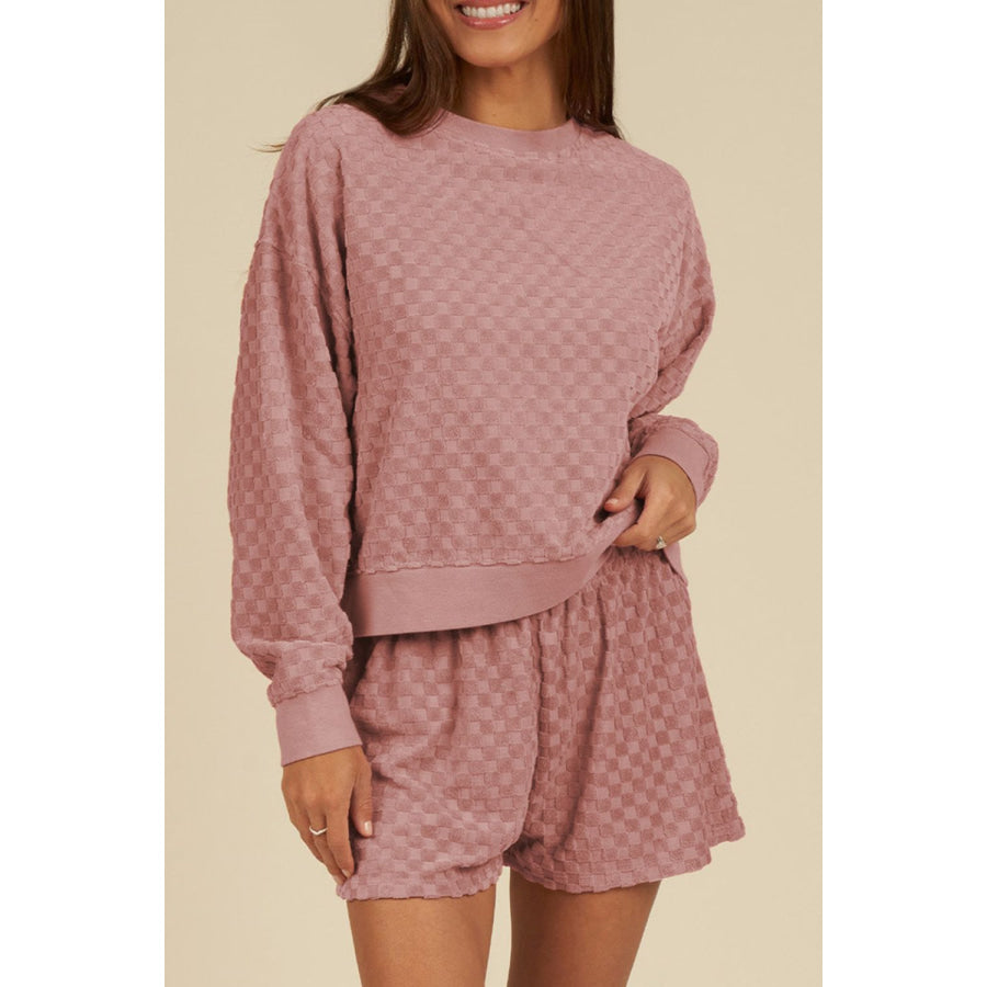 Round Neck Long Sleeve Checkered Top and Shorts Set Dusty Pink / S Apparel and Accessories