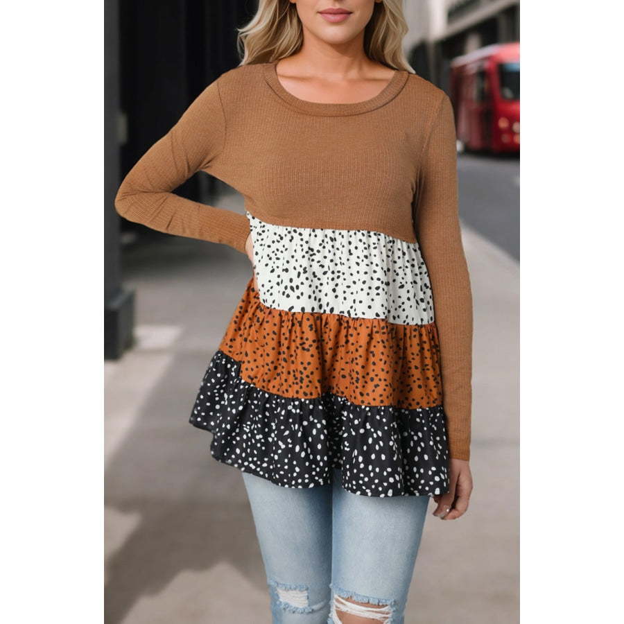 Round Neck Long Sleeve Color Block Blouse