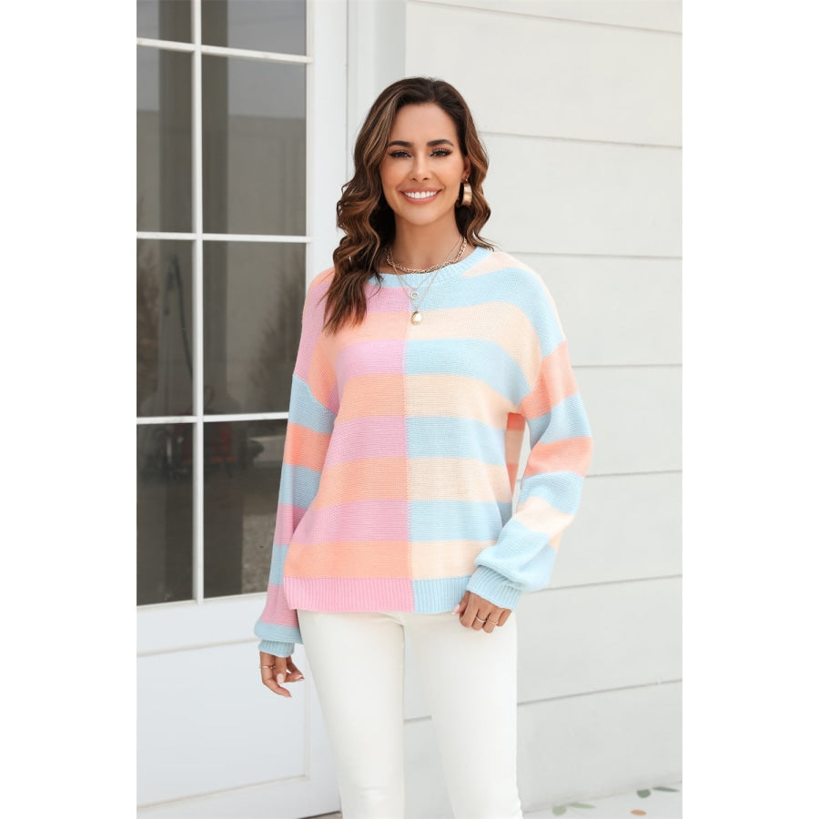 Round Neck Long Sleeve Color Block Dropped Shoulder Pullover Sweater Blush Pink / S