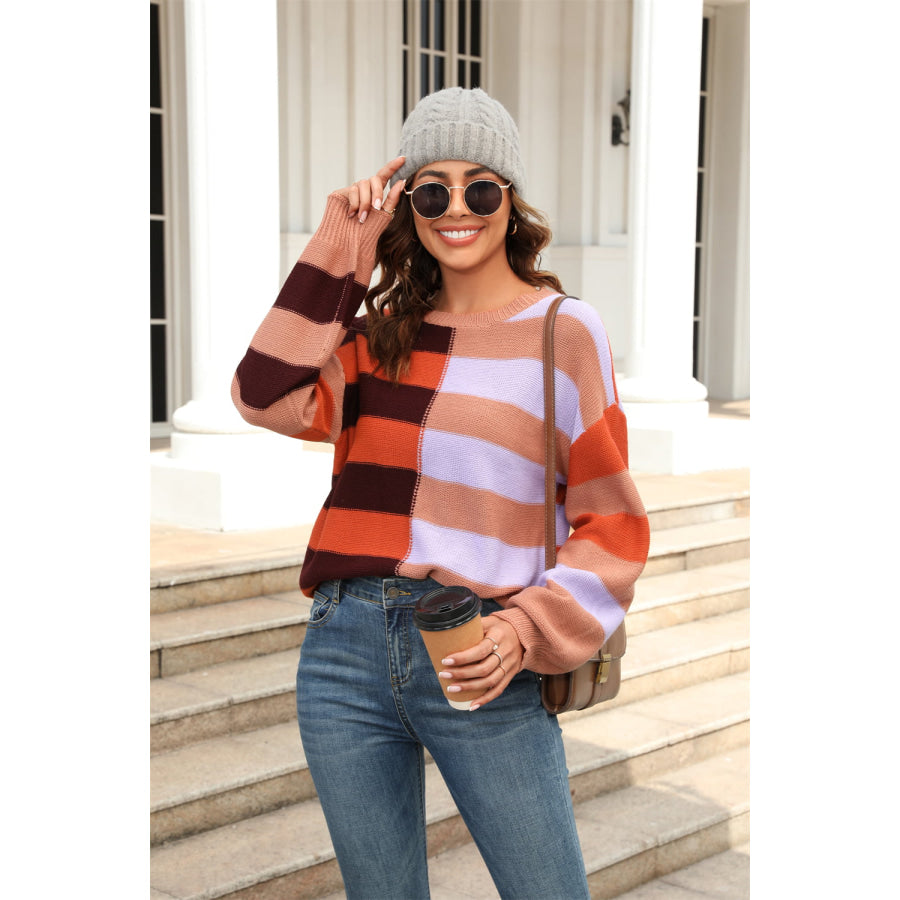 Round Neck Long Sleeve Color Block Dropped Shoulder Pullover Sweater Orange / S