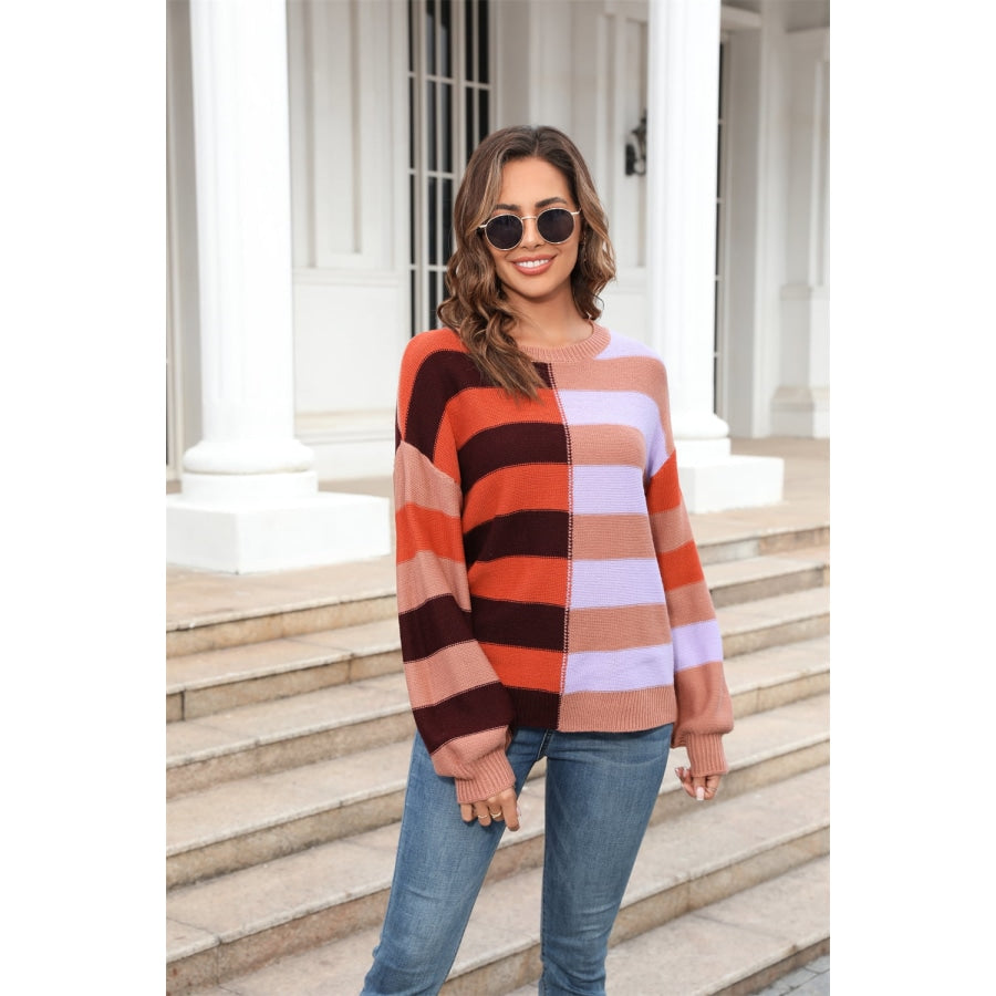 Round Neck Long Sleeve Color Block Dropped Shoulder Pullover Sweater