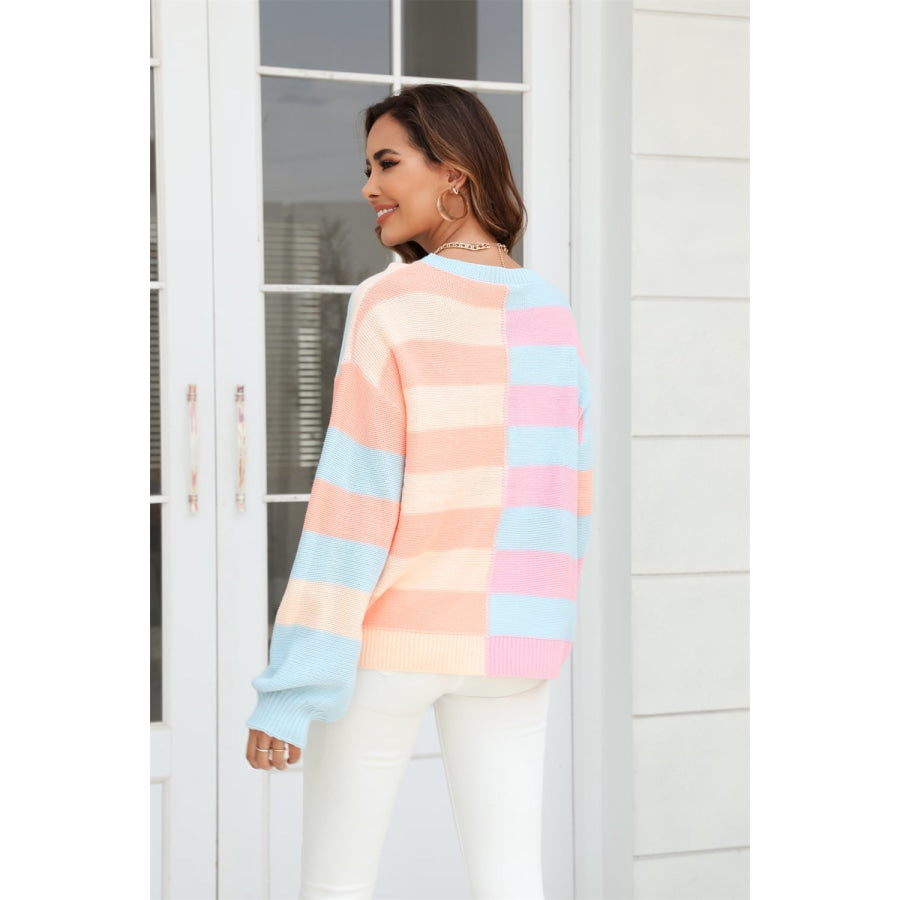 Round Neck Long Sleeve Color Block Dropped Shoulder Pullover Sweater