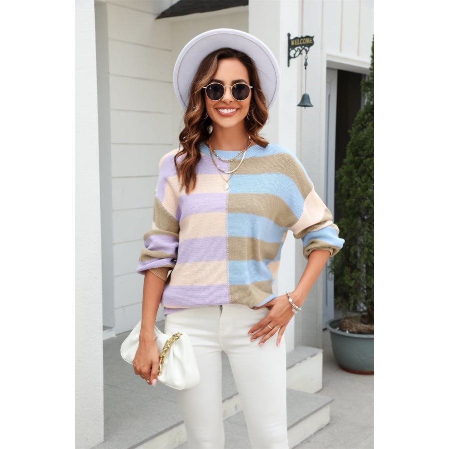 Round Neck Long Sleeve Color Block Dropped Shoulder Pullover Sweater