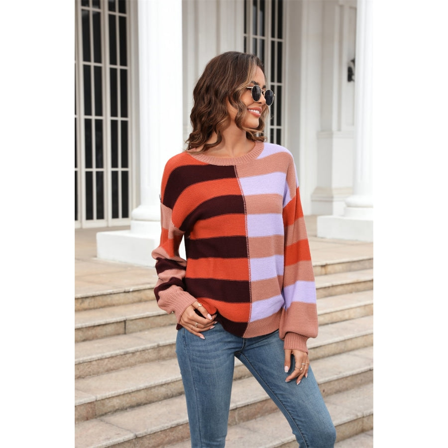 Round Neck Long Sleeve Color Block Dropped Shoulder Pullover Sweater