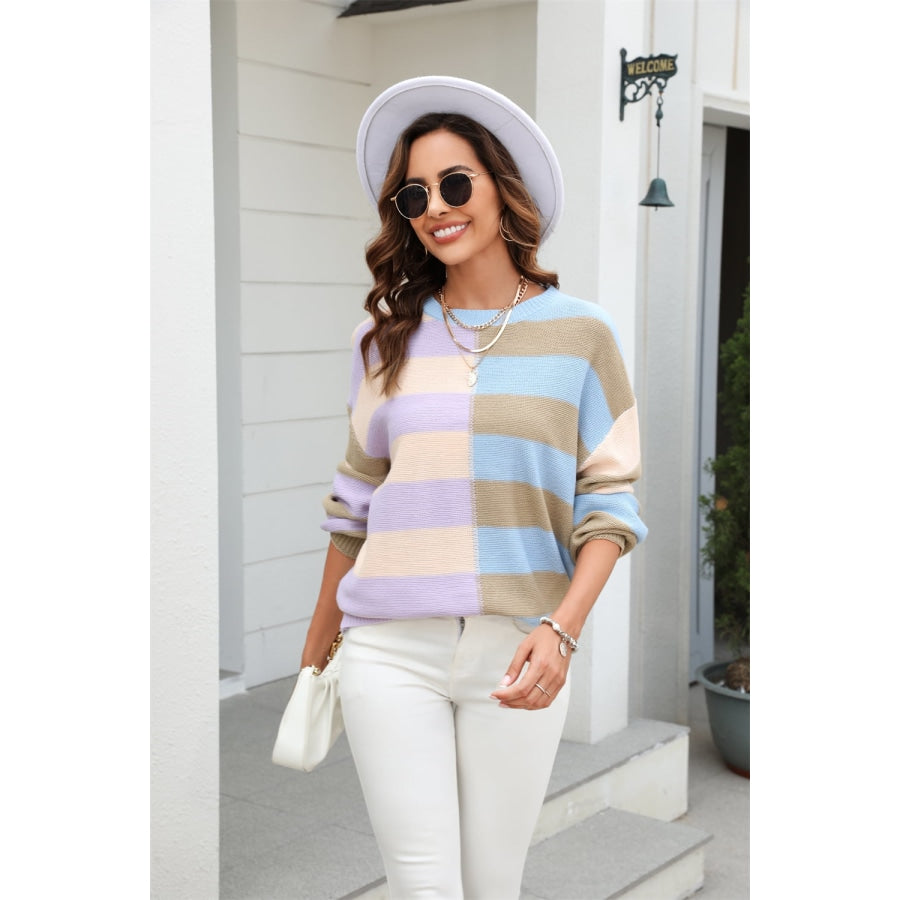 Round Neck Long Sleeve Color Block Dropped Shoulder Pullover Sweater