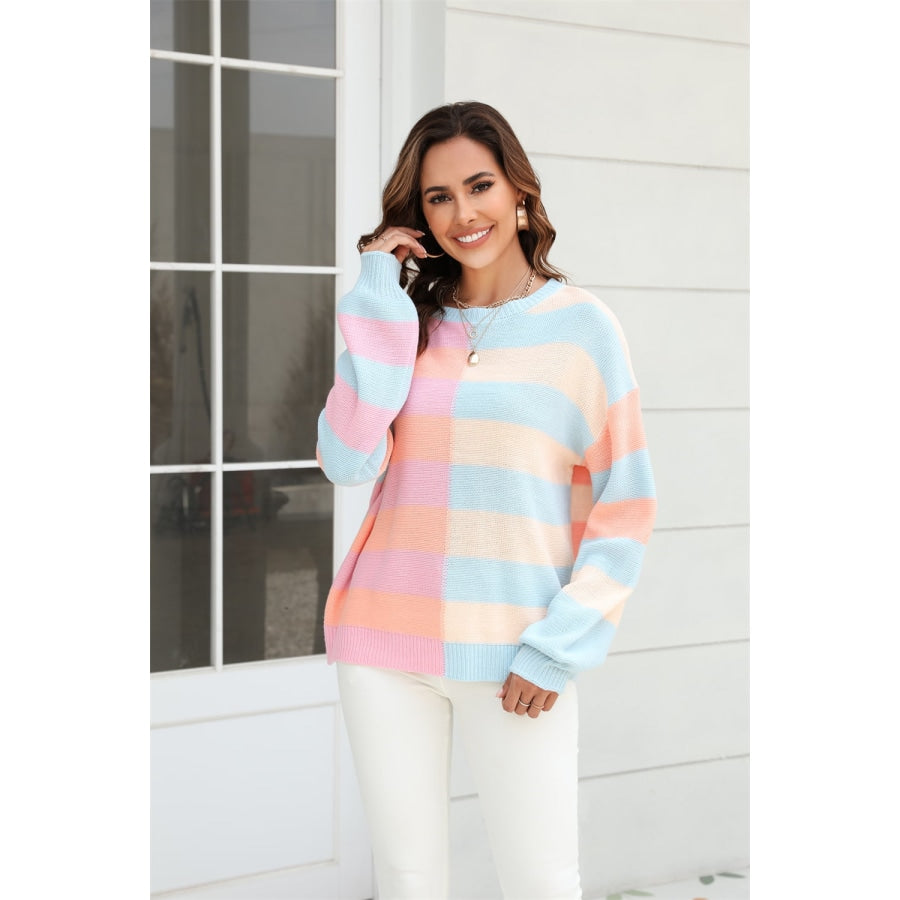 Round Neck Long Sleeve Color Block Dropped Shoulder Pullover Sweater