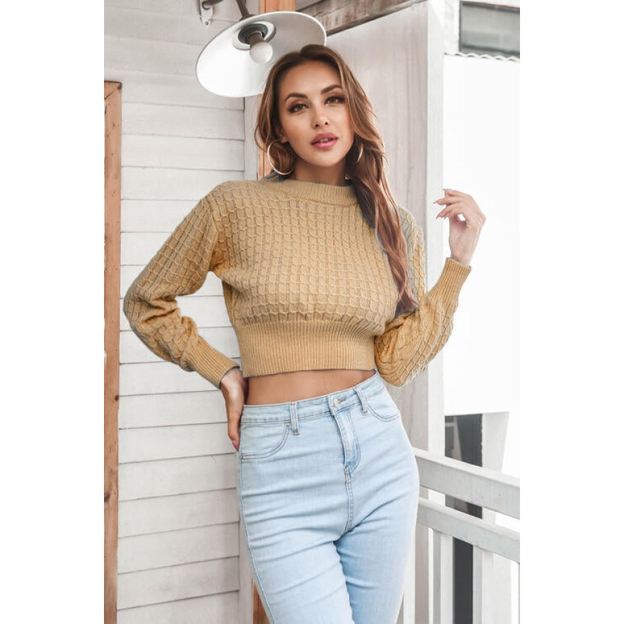 Round Neck Long Sleeve Cropped Sweater Camel / S Women’s Fashion Clothing