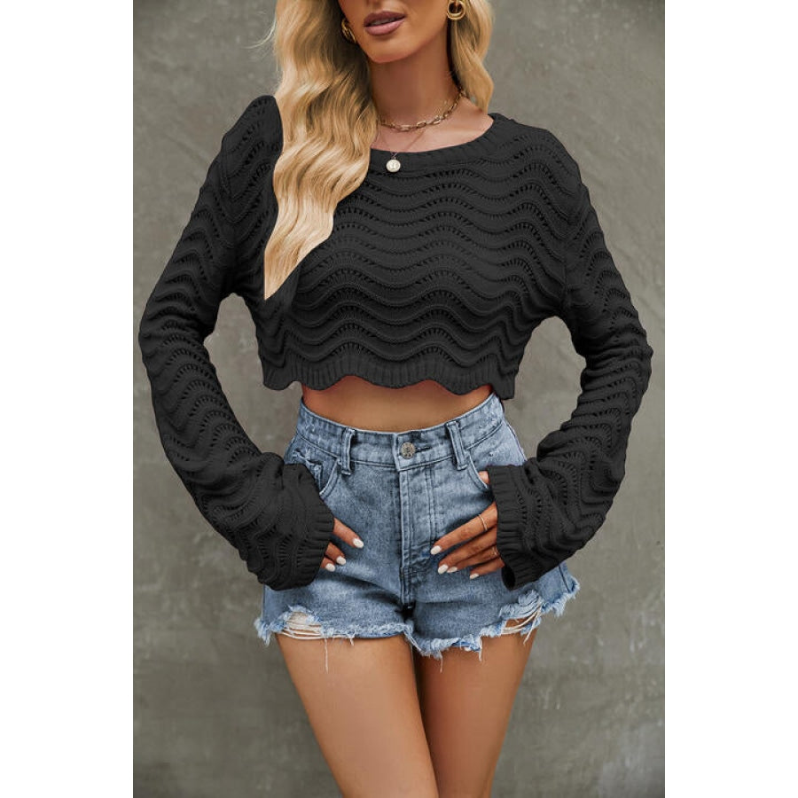 Round Neck Long Sleeve Cropped Sweater Clothing