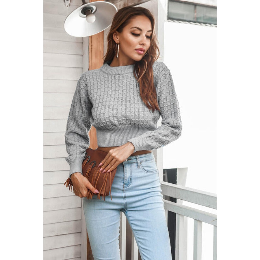 Round Neck Long Sleeve Cropped Sweater Light Gray / S Women’s Fashion Clothing