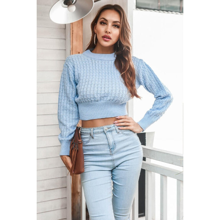 Round Neck Long Sleeve Cropped Sweater Misty Blue / S Women’s Fashion Clothing